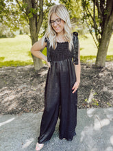 Load image into Gallery viewer, Black Satin Smocked Jumpsuit
