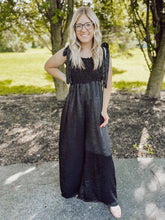Load image into Gallery viewer, Black Satin Smocked Jumpsuit

