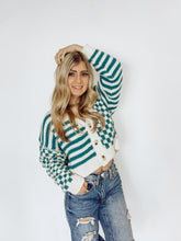 Load image into Gallery viewer, Ivory &amp; Teal Button Down Crop Cardigan
