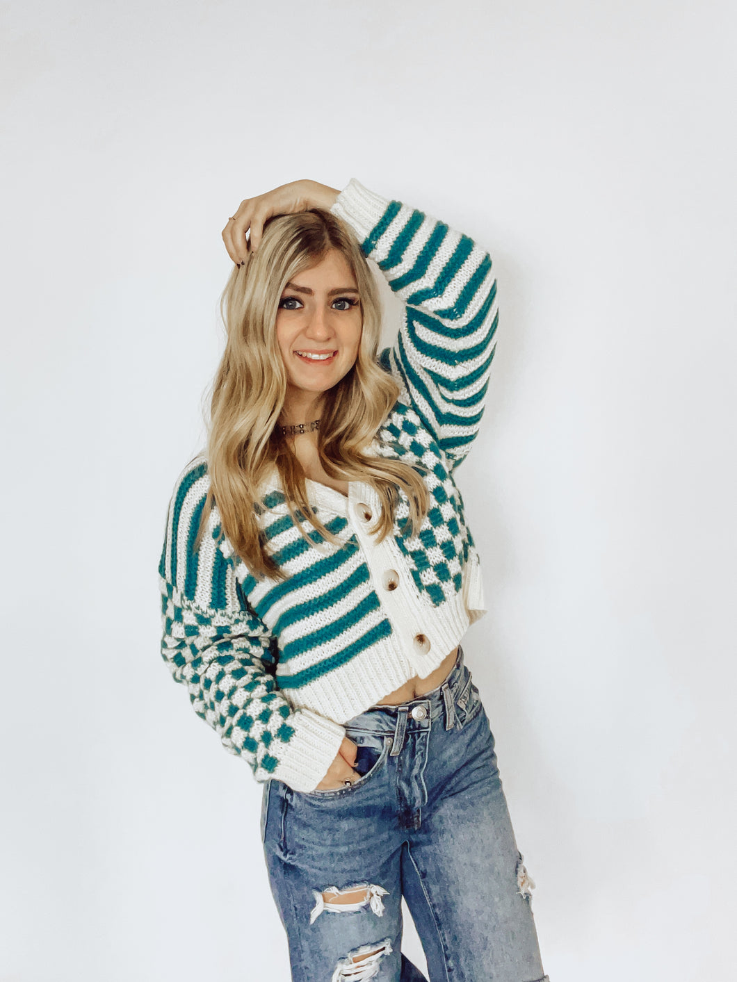 Ivory & Teal Button Down Crop Cardigan