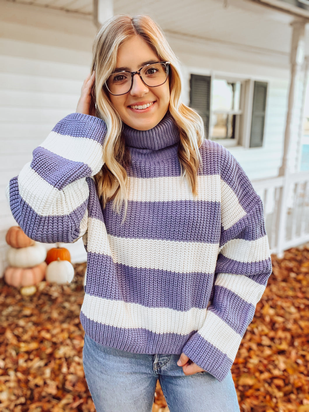 Blue Striped Turtleneck Sweater