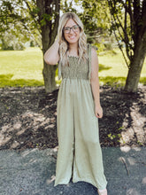 Load image into Gallery viewer, Olive Satin Smocked Jumpsuit
