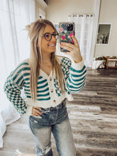 Load image into Gallery viewer, Ivory &amp; Teal Button Down Crop Cardigan
