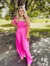 Load image into Gallery viewer, Fuchsia Satin Smocked Jumpsuit
