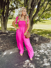 Load image into Gallery viewer, Fuchsia Satin Smocked Jumpsuit
