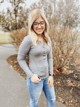 Load image into Gallery viewer, Steel Blue Long Sleeve Button Knit Top
